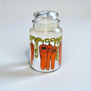 Vintage 70’s Hildi Anthropomorphic “Happy Carrot” Glass Cannister
